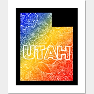 Colorful mandala art map of Utah with text in blue, yellow, and red Posters and Art